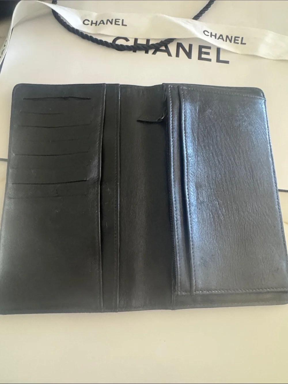 CHANEL Black Leather Bifold Wallet with Flap Pocket